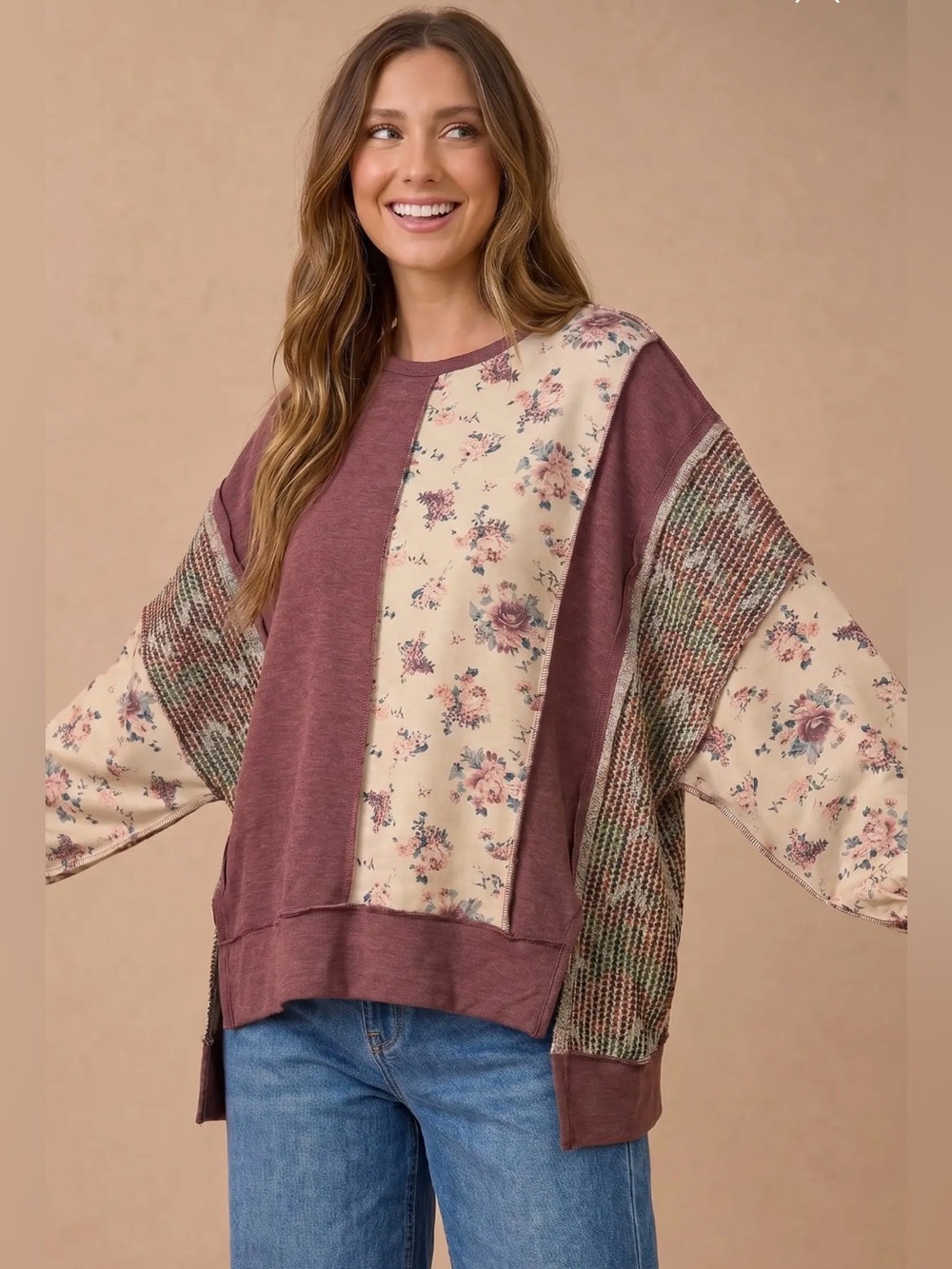 Red mixed media  rose floral dolman sleeve pullover stitch sweatshirt tunic top